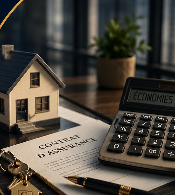 Contrat d'assurance, calculatrice affichant des économies et maquette de maison